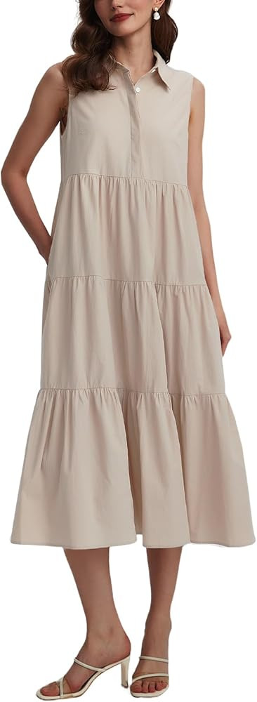 Womens Summer Button Down Maxi Shirt Dress Sleeveless Collared V Neck Tiered Flowy Midi Dress Kha... | Amazon (US)