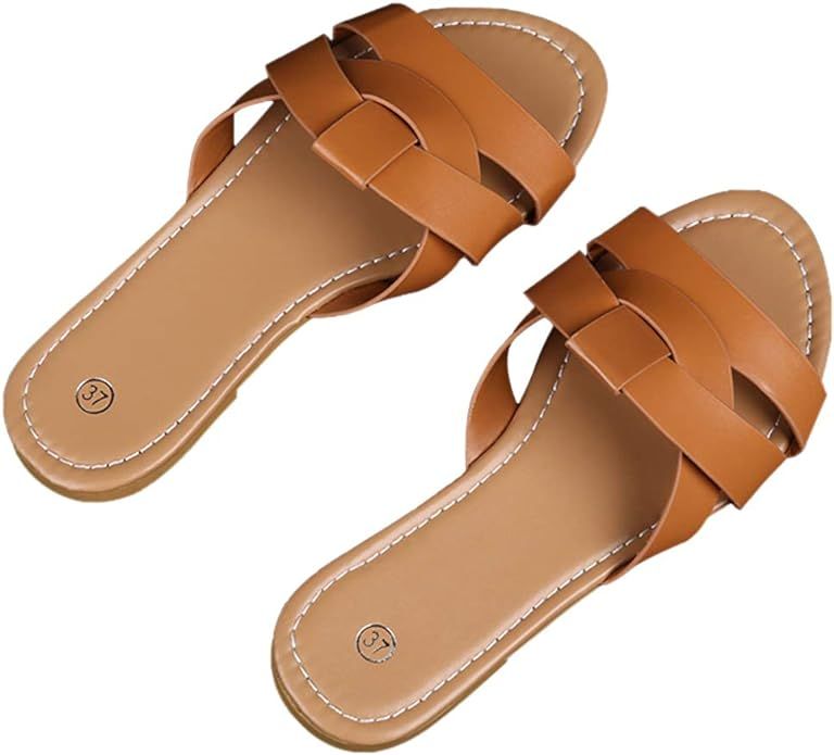 Husmeu Women's Summer Flat Slides Sandals Casual Strap Cross Slip On Sliders Beach Flat Sandals f... | Amazon (US)