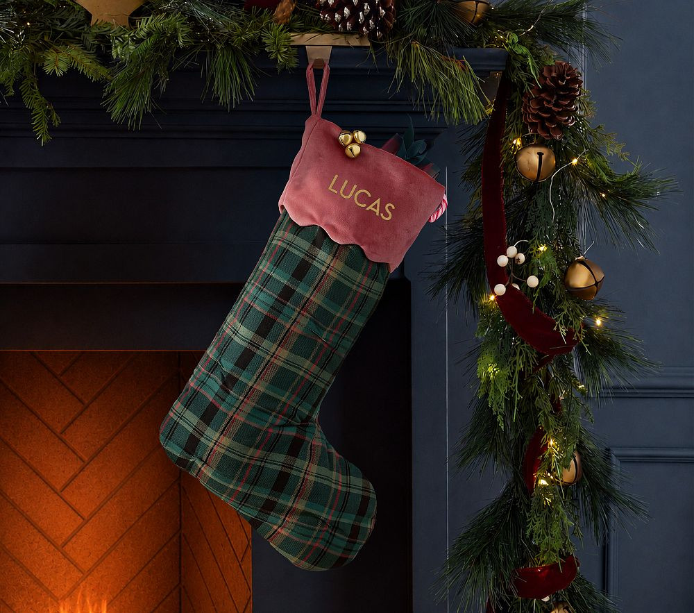 Chris Loves Julia Stocking, Green Plaid Red Cuff | Pottery Barn Kids