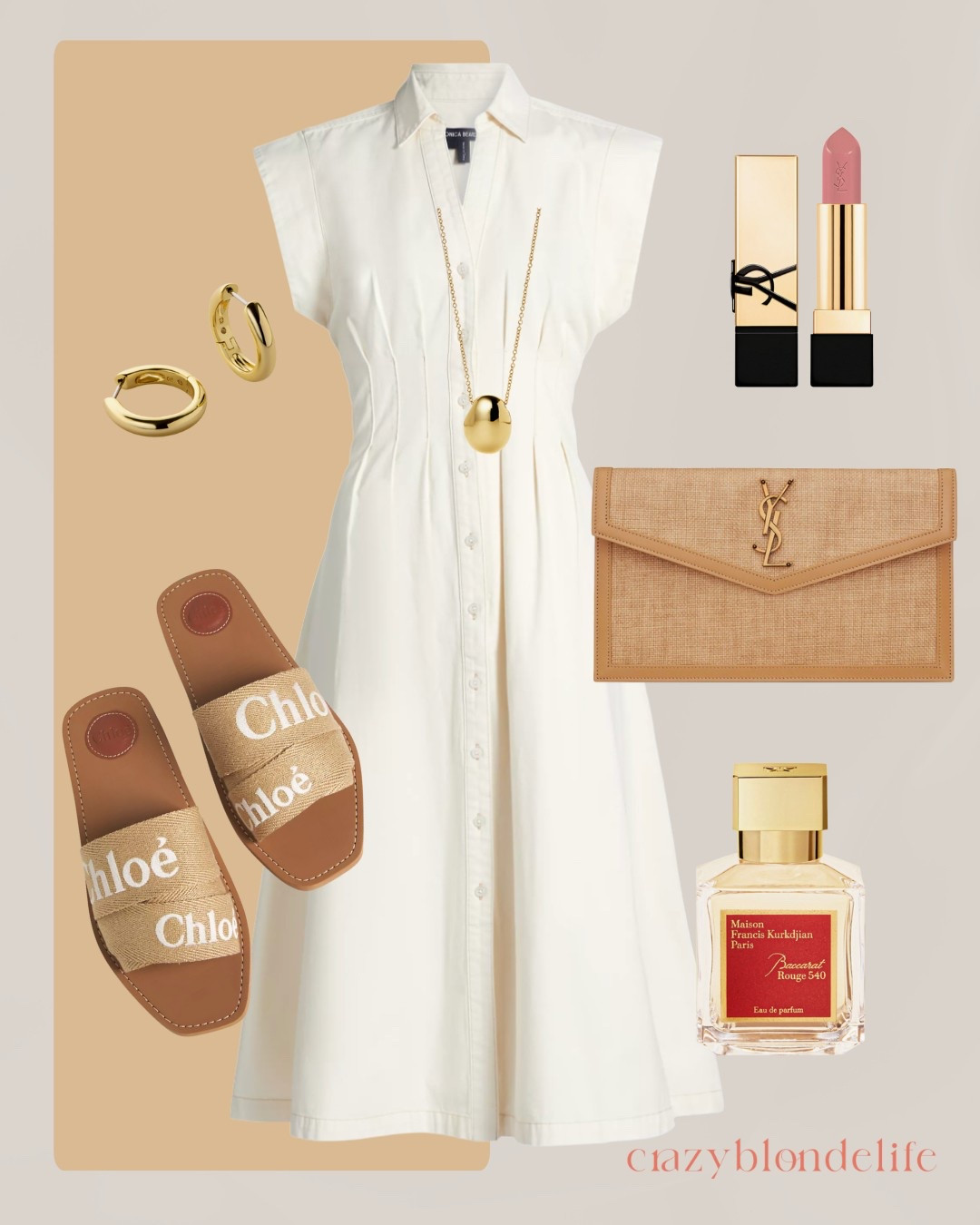 This look is comfortable and chic and perfect for a Mother’s Day celebration! The outfit is accessorized with gold hoop earrings, and a delicate gold necklace. Beige YSL rattan clutch complements the ensemble.

#LTKSeasonal #LTKItBag #LTKShoeCrush