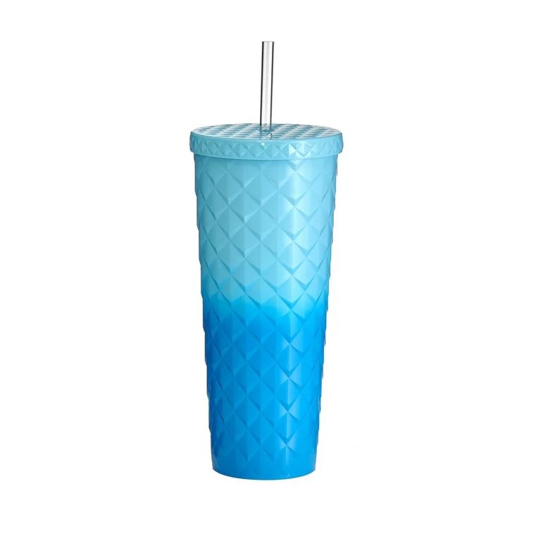 Mainstays 26oz Diamond Scale Textured Plastic Tumbler with Straw, Ombre Blue, Double Wall Insulat... | Walmart (US)