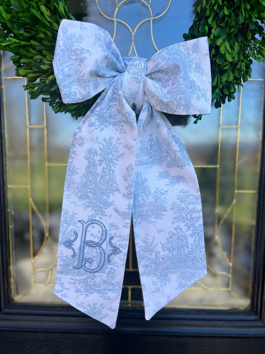 80" LONGER Classic French Toile Wreath BOW With Monogram, Classic Monogram Wreath Bow - Etsy | Etsy (US)