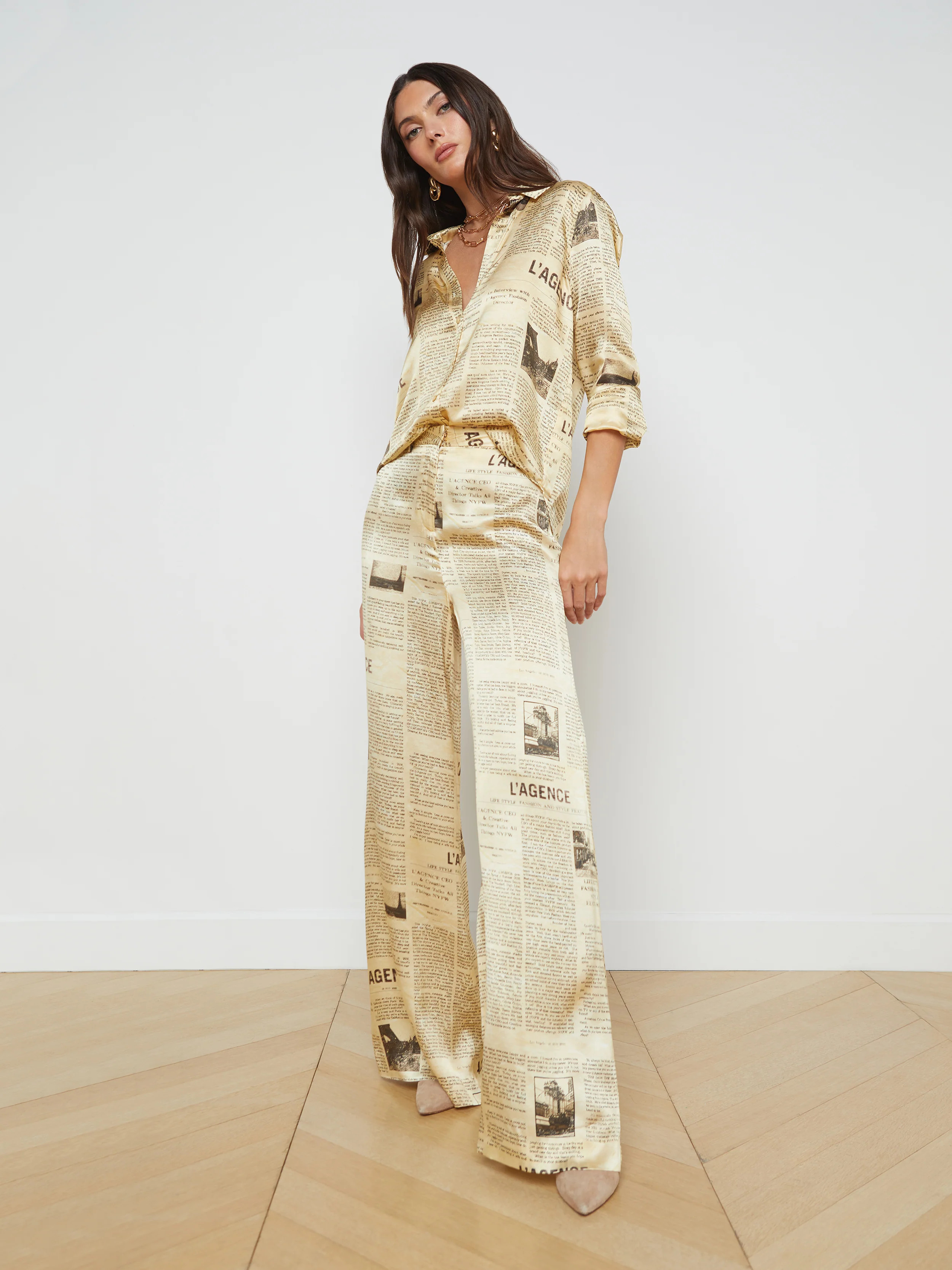 L'AGENCE Gavin Silk Wide-Leg Pant in Vintage Tan Newspaper | L'Agence