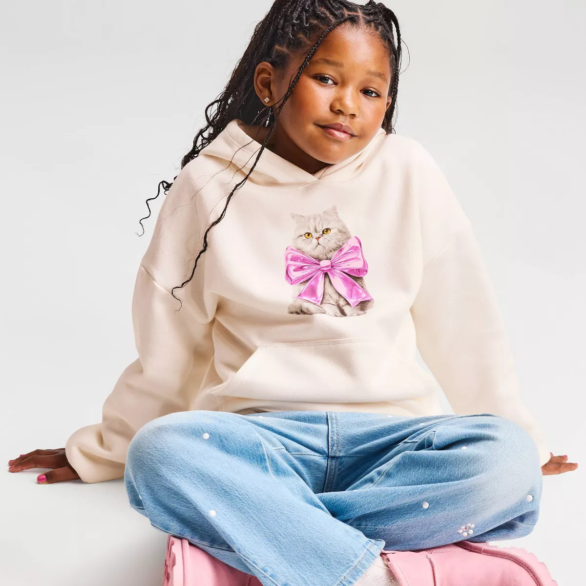 Girls' Fleece 'Cat' Graphic Hoodie Sweatshirt - Cat & Jack\u2122 Cream XS | Target