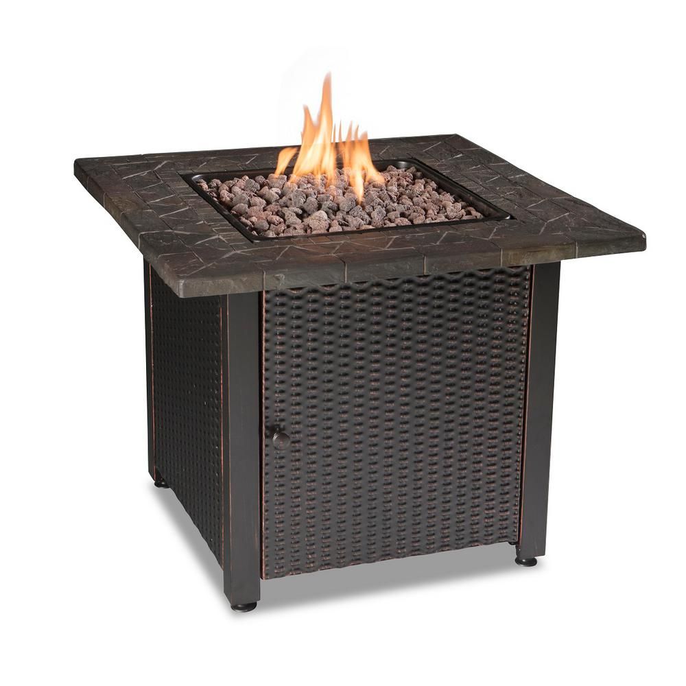Endless Summer 30 in. W Bronze Finish Steel Base Faux Slate Mantel LP Gas Fire Pit with Electronic I | The Home Depot