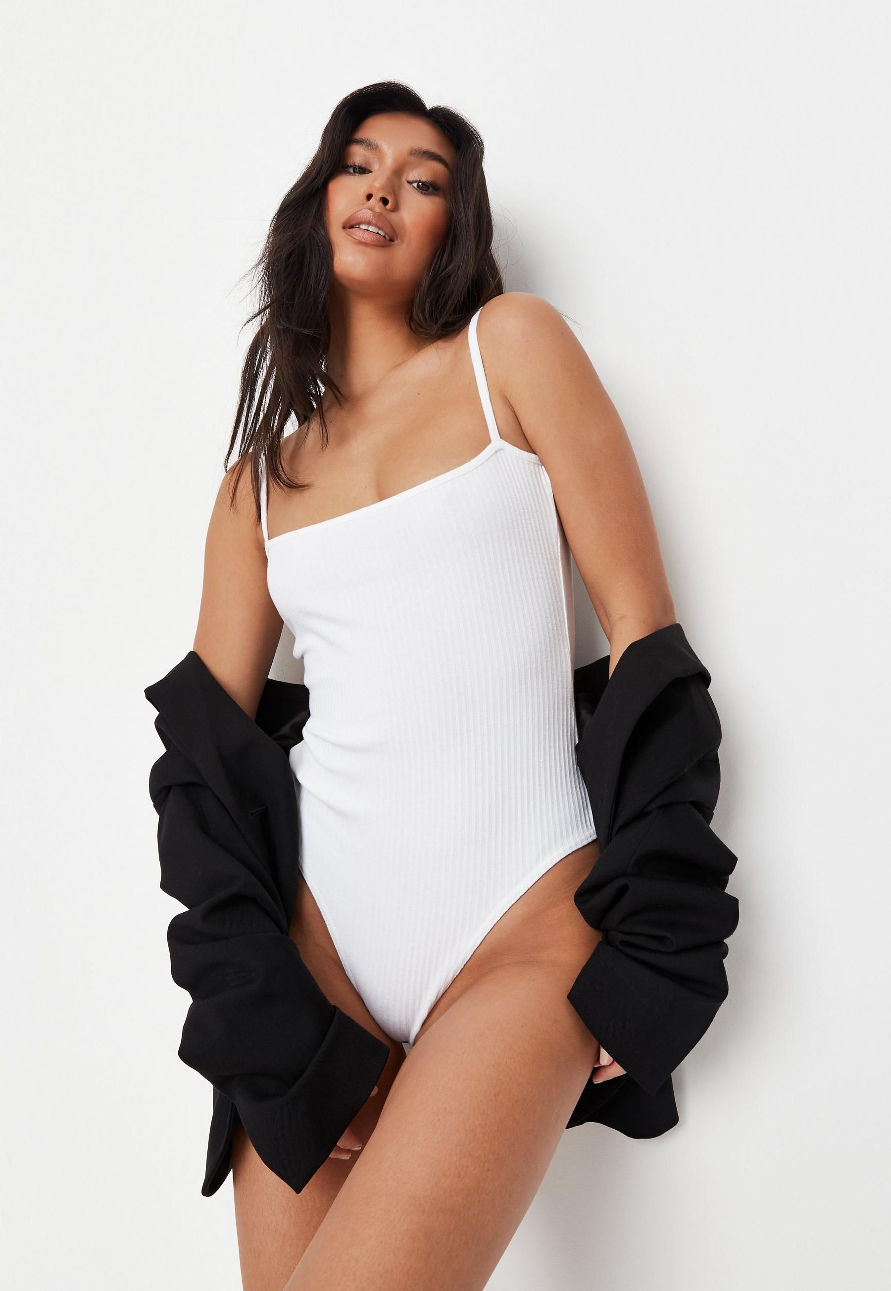 Missguided - White Straight Neck Strappy Ribbed Bodysuit | Missguided (US & CA)