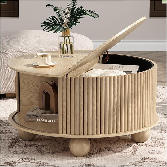 JOINICE 31.5" Round Coffee Table with Storage for Living Room,Natural Oak | Unique Bun Feet,Boho ... | Amazon (US)