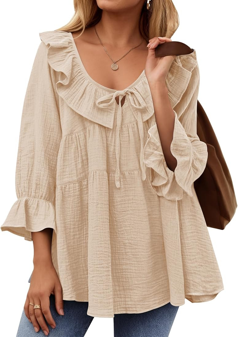 ZESICA Womens Scoop Neck 3/4 Length Sleeve Tops Casual Tie Front Ruffle Tiered Loose Tunic Shirts... | Amazon (US)