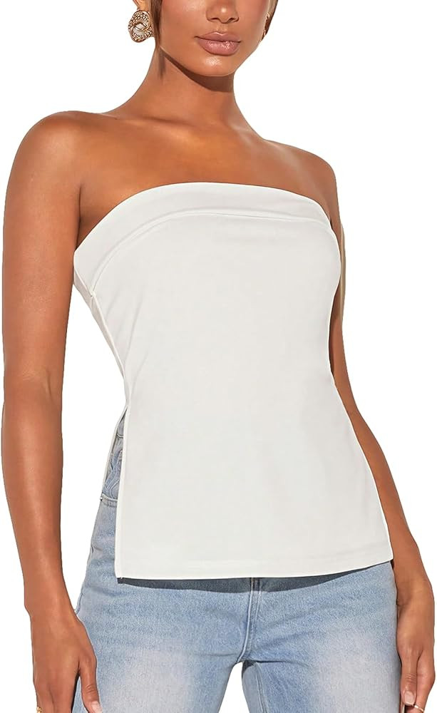 Floerns Women's Solid Strapless Bandeau Split Hem Casual Tube Top | Amazon (US)