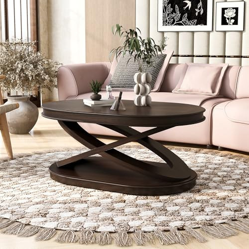 44 Inch Retro Oval Coffee Table for Living Room, 2-Tier Solid Wood Coffee Table with Open Storage Shelf, Espresso Traditional Cocktail Center Table with X-Shaped Base, 44''W 28''D x 17''H | Amazon (US)