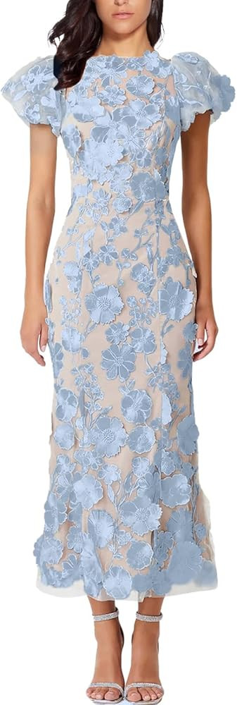 Women's 3D Floral Embroidery Dress Ruffle Sleeve Fishtail Lace Bodycon Party Cocktail Mini Dress | Amazon (US)