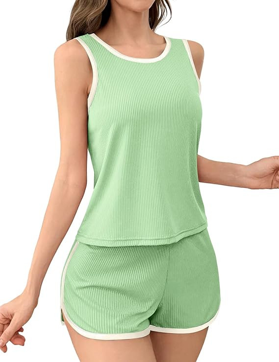 JUSTFASHIONNOW Women's 2-Piece Contrast Trim Pajama Set - Casual Tank Top & Shorts, Soft Ribbed L... | Amazon (US)