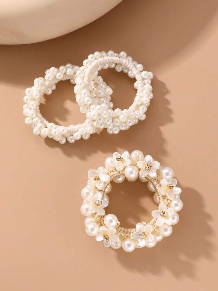 3pcs/Set Girls' Pearl Elastic Hair Ties | SHEIN