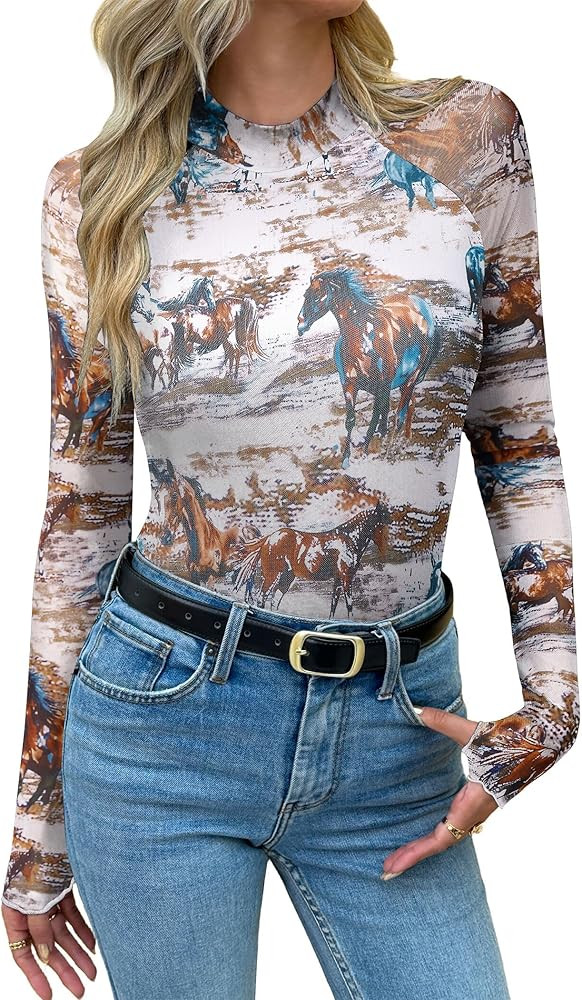 Zeagoo Long Sleeve Shirts for Women Floral Mesh Sheer Top Mock Neck Double Lined Fitted Going Out... | Amazon (US)