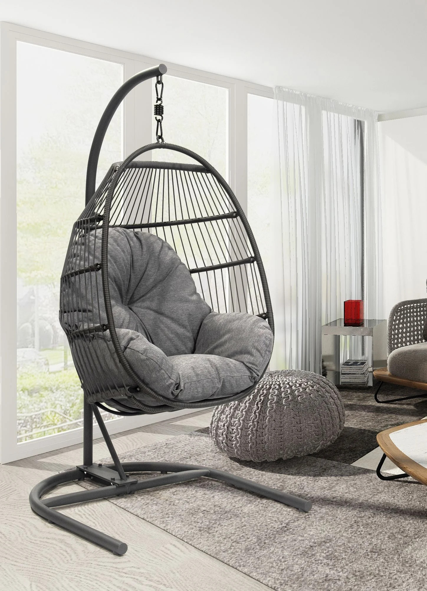 Patio Crosby Wicker Egg Hanging Chair with Stand and Gray Cushion - Walmart.com | Walmart (US)