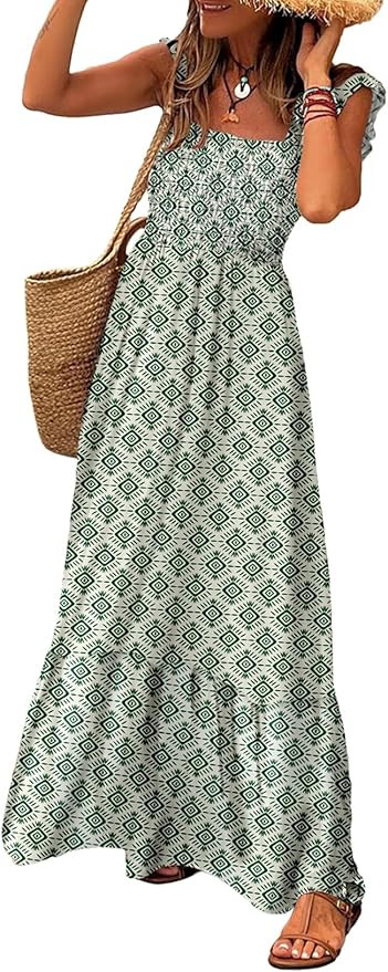 LOLONG Maxi Dress for Women Summer Boho Spaghetti Strap Square Neck Ruffle Beach Sun Dress | Amazon (US)