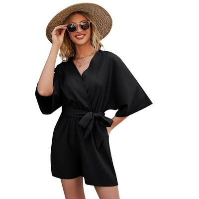 Rompers for Women 2023 Summer Casual V Neck Short Jumpsuits Belted Wrap Flared Half Sleeve Waist Tie Romper | Target