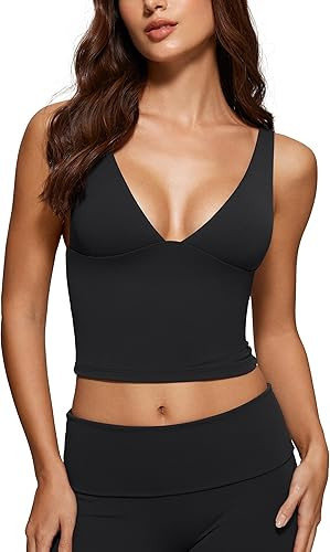 Womens Deep V Neck Plunge Longline Tank Tops Built in Bra Sleeveless Gym Athletic Yoga Cropped To... | Amazon (US)
