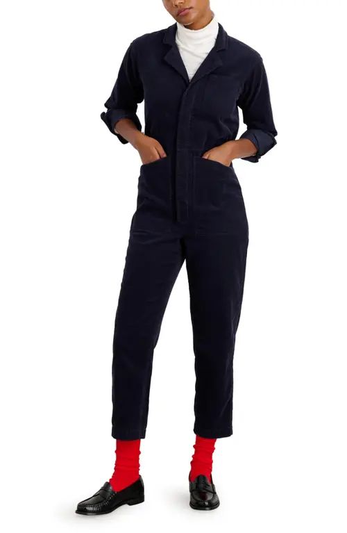 Alex Mill Fine Wale Long Sleeve Crop Cotton Jumpsuit in Deep Navy at Nordstrom, Size Medium | Nordstrom