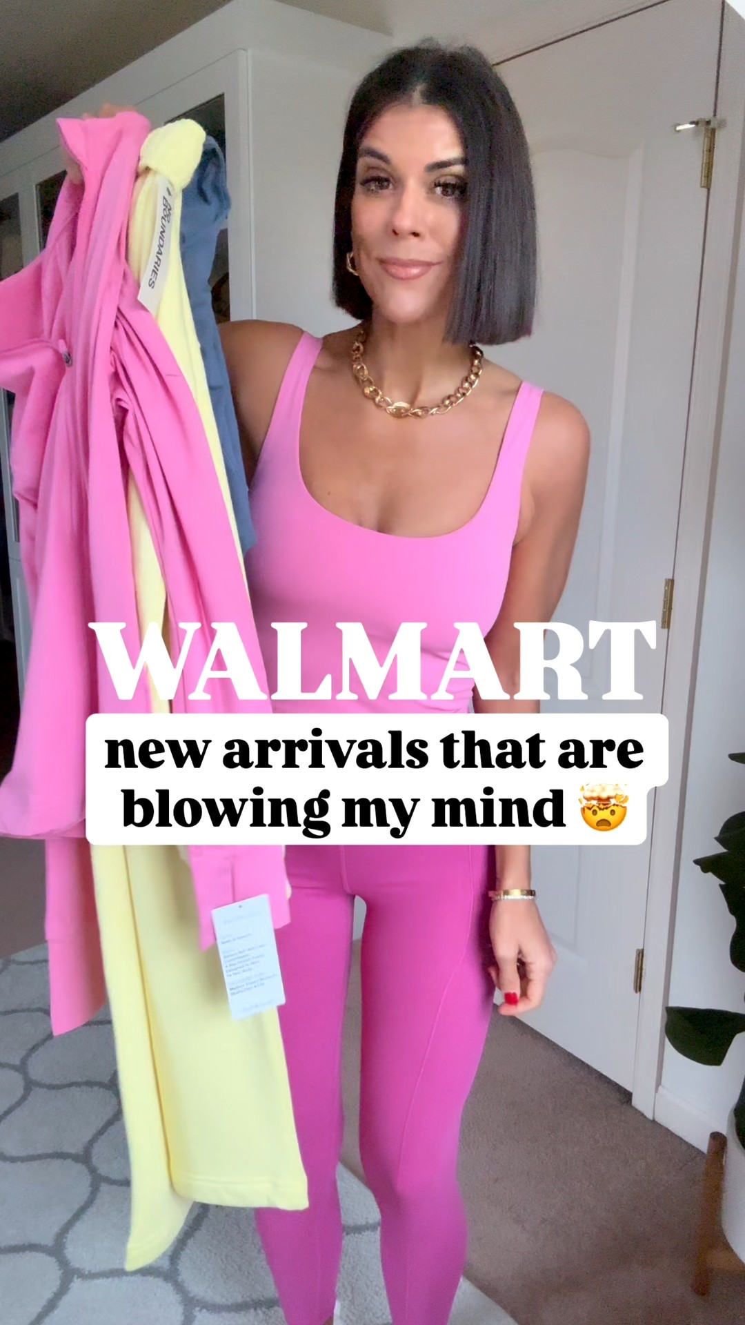New Walmart finds that are blowing my mind! I’m 5’5 and in size xs in leggings and tanks with built in bra. Size small in pink zip up jacket, and size small in each piece of the yellow set. 