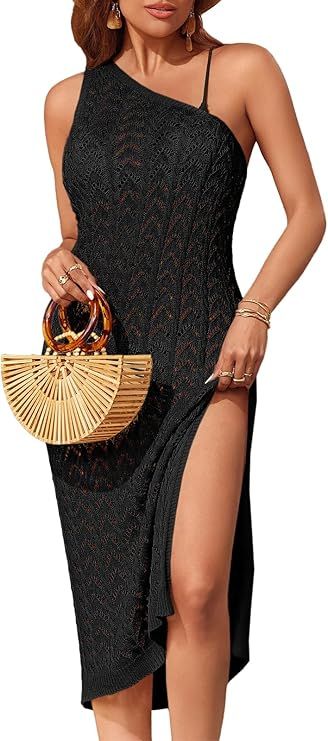 Saodimallsu Womens Crochet Swimsuit Coverup One Shoulder Sleeveless Hollow Dresses Side Split Bea... | Amazon (US)