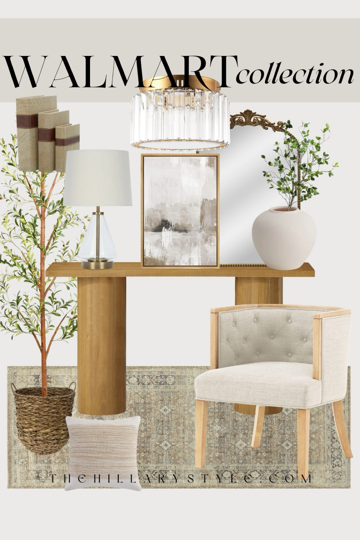 Walmart Collection: neutral home decor and furniture finds from Walmart. Accent chair, console table, faux tree, basket, accent pillow, gold arched mirror, framed abstract art, linen storage book set, flush mount light, ceramic vase, faux branches, runner, glass and gold table lamp. 

#LTKHome #LTKStyleTip #LTKSeasonal