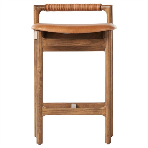 Blaise Rustic Lodge Brown Upholstered Leather Seat Low Back Counter Stool | Kathy Kuo Home