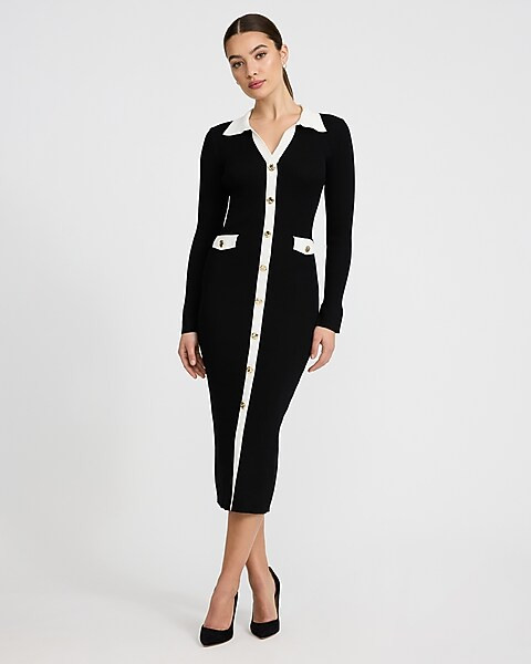 Long Sleeve Button Front Sweater Polo Midi Dress | Express