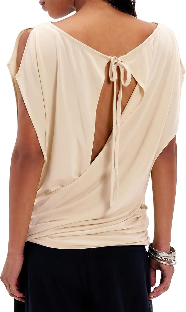 Womens Open Back Boat Neck T Shirts Summer Soft Ruched Trendy Going Out Tee Shirts Tops | Amazon (US)