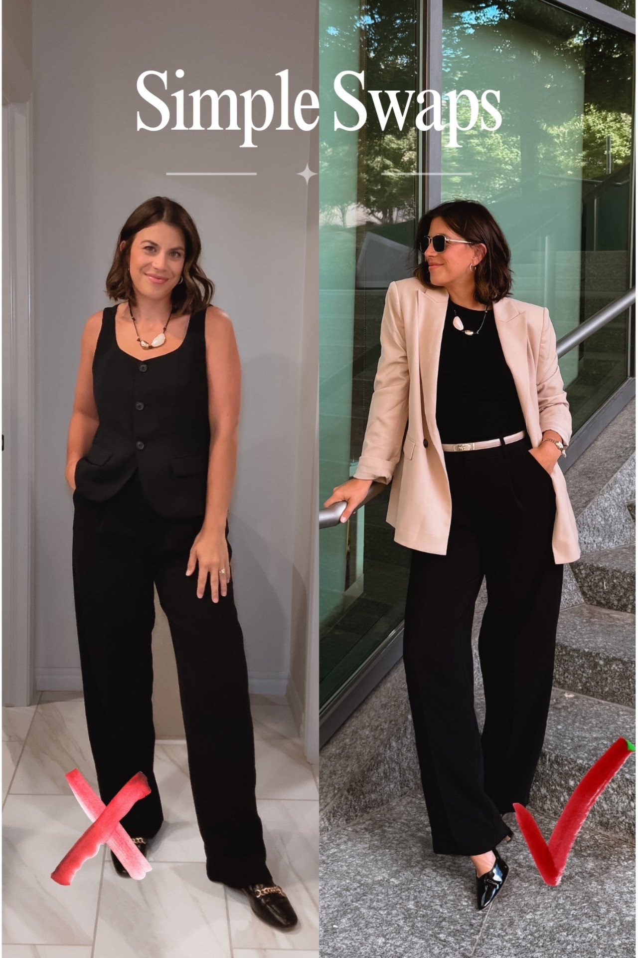 Not groundbreaking swaps, but easy and intentional ones can totally change your presence in the office. 

#businesscasualoutfit #businesscasual #officeoutfit #workwear #outfittips