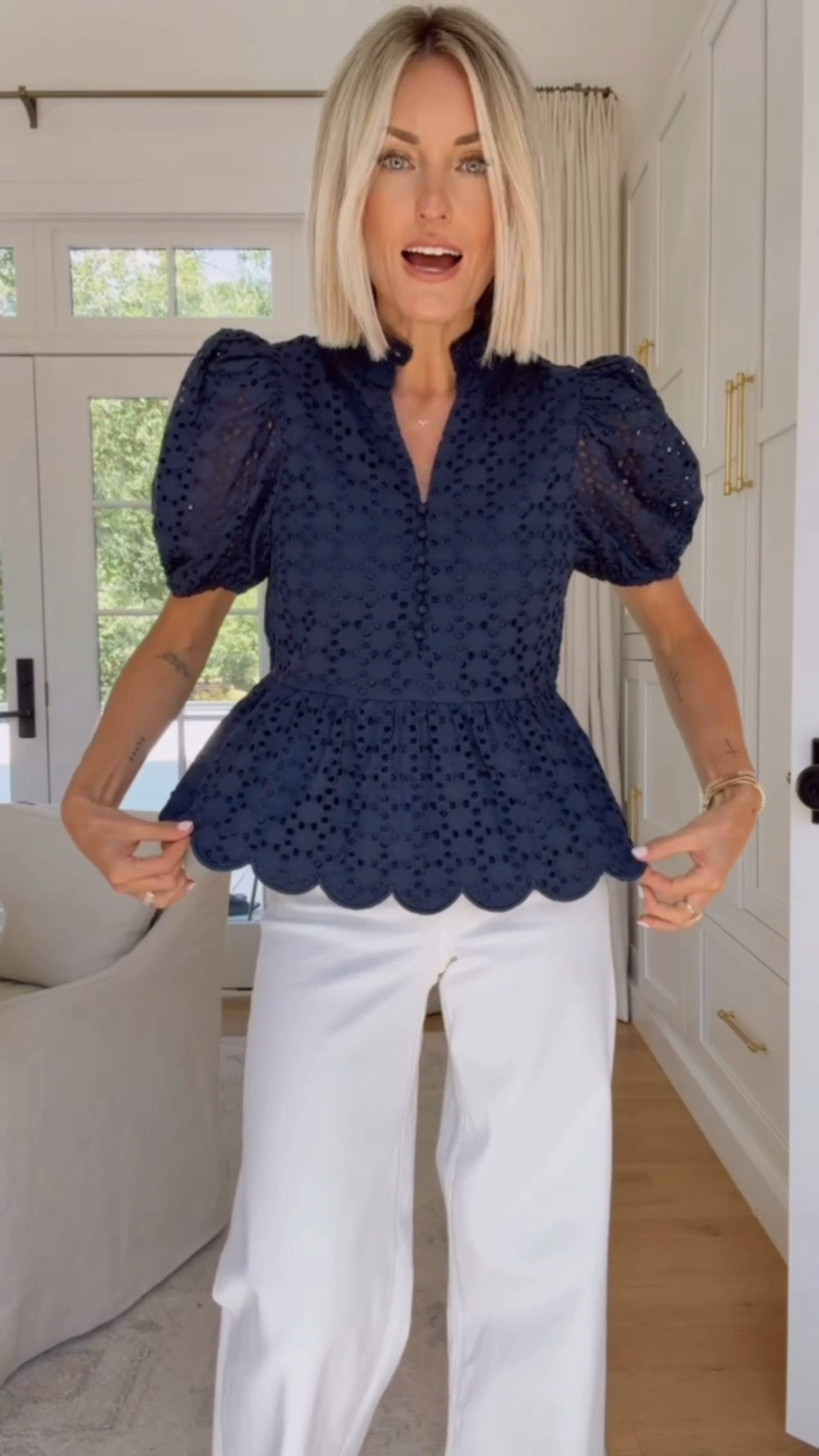 Love this navy eyelet top with these white jeans! The scallop detail and eyelet fabric with puff sleeves is so feminine! Wearing S

Loverly grey, avara, seasonal outfits, puff sleeve top, women’s clothing, work outfit ideas

#LTKSeasonal #LTKWorkwear