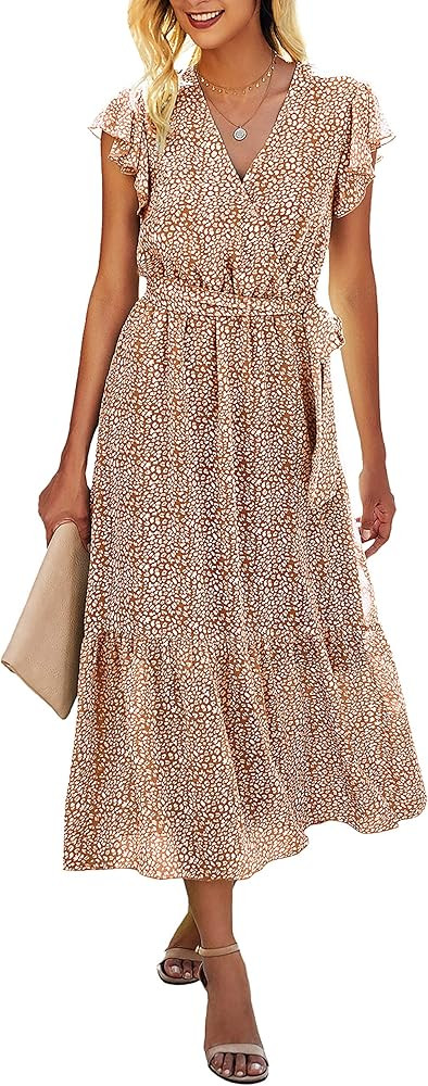 BTFBM Women Summer Bohemian Floral Casual Wrap V Neck Ruffle Cap Sleeveless Belt A-Line Pleated Hem  | Amazon (US)