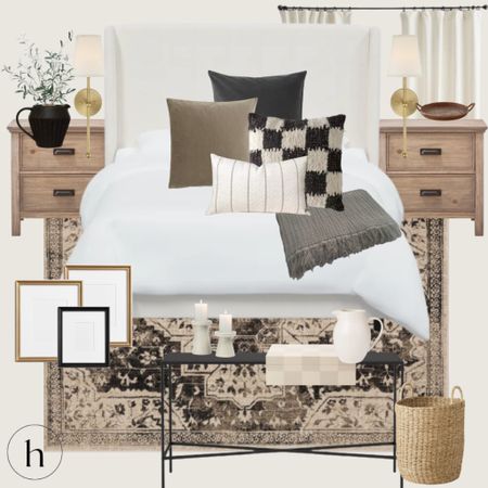 BEDROOM MOOD BOARD 🤎🤍🖤
give me allll the blacks, browns, and creams 🤩 

bed frame, white bed frame, wood nightstand, tv console, narrow black tv console table, beige rug, sconces, checker pillow, throw pillow, fall decor, home decor, bedroom decor, mood board inspo 

#LTKhome #LTKunder50 #LTKunder100