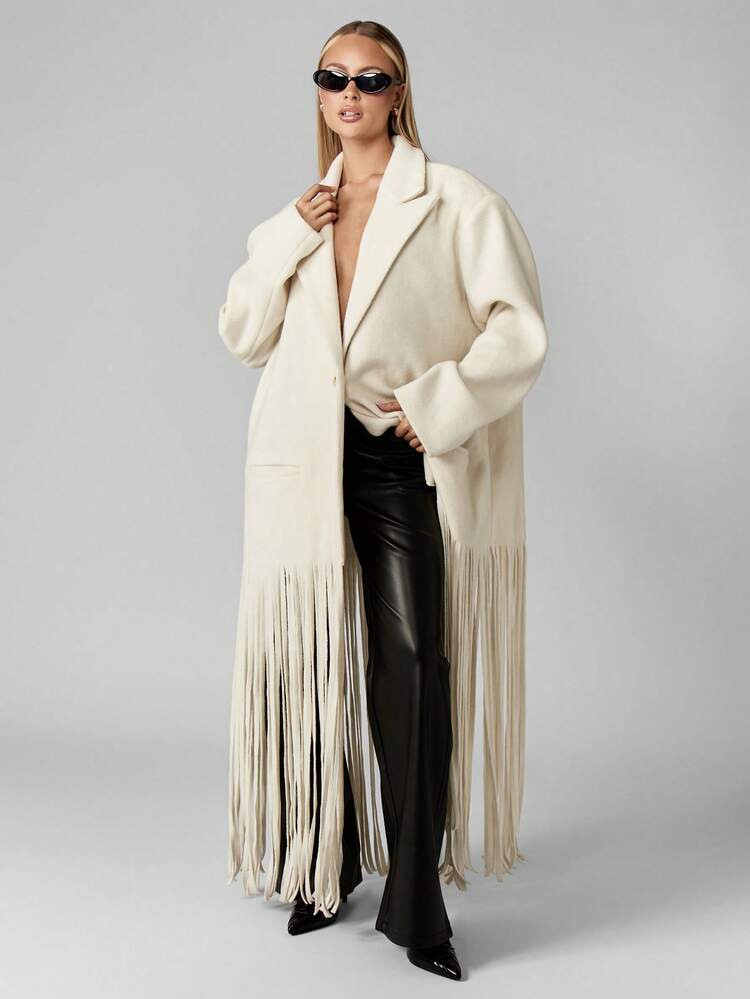 MISSGUIDED Women Oversized Winter Coat Midi Length Fringe Detail Maxi Coat Elegant Evening Statement Long Overcoat Luxury Wool Blend Fashion Forward Fall Winter Christmas Collection | SHEIN