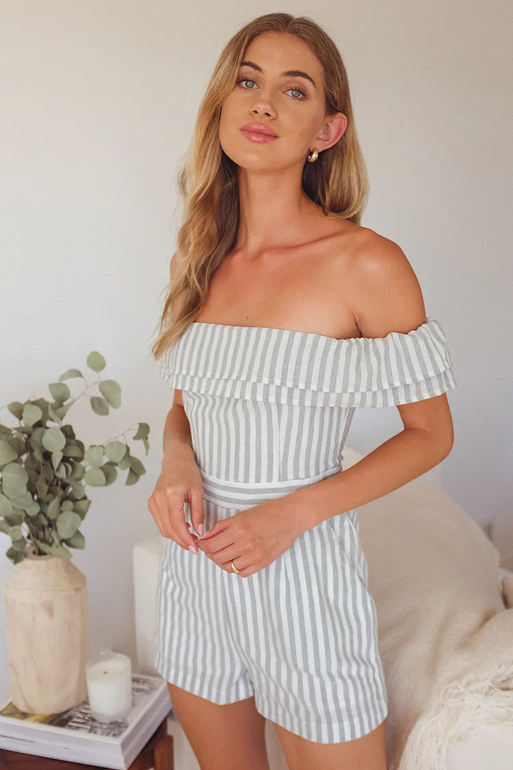 Nautical You Mine Sage Green Striped Off-the-Shoulder Romper | Lulus (US)