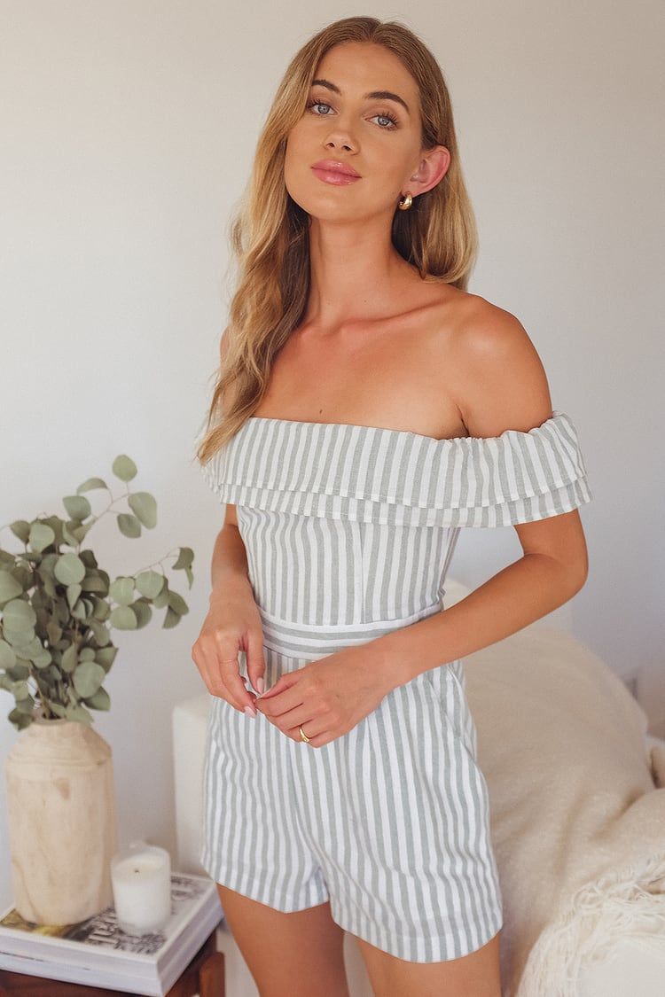 Nautical You Mine Sage Green Striped Off-the-Shoulder Romper | Lulus (US)