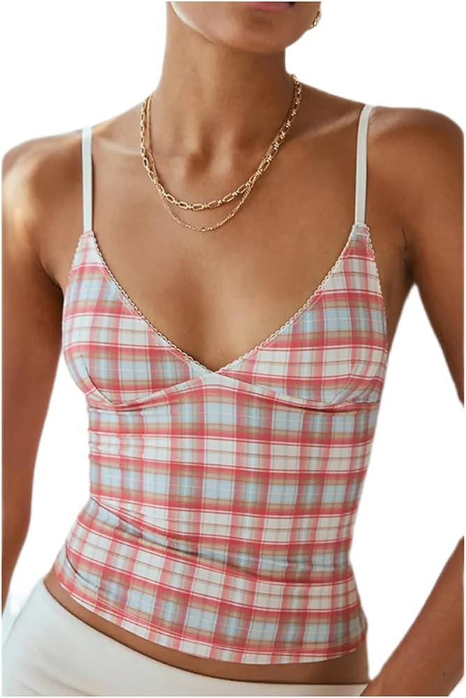 Women Y2K Floral Print Tank Top Sexy V Neck Spaghetti Straps Backless Cami Shirt Summer Cute Slee... | Amazon (US)