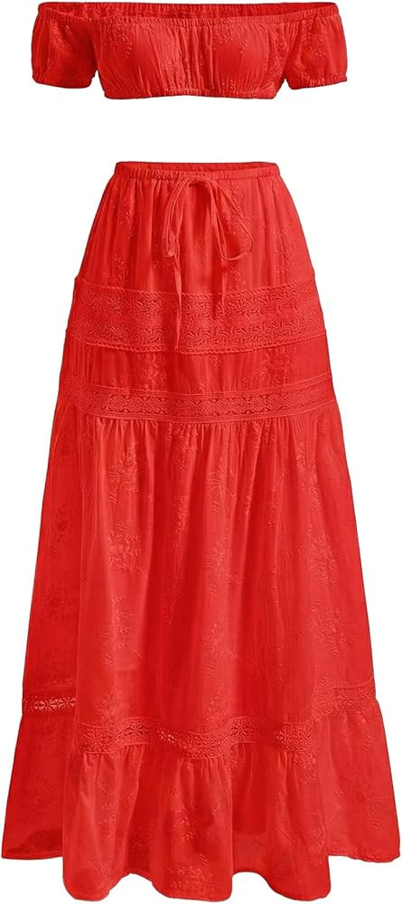 Women's 2 Piece Vacation Outfit Embroidered Off The Shoulder Crop Top and Ruffle Maxi Skirt Set | Amazon (US)