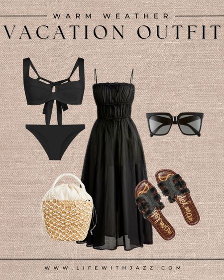 Cute dress cover-up for a beach vacation 

- vacation outfit, travel outfit, beach outfit, swimsuit, bikini, sunglasses, straw bag, slide sandals, spring

#LTKstyletip #LTKSeasonal