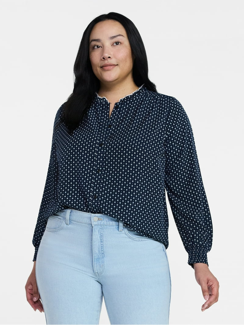 Time and Tru Women's Ruffle Button Down Blouse with Long Sleeves, Sizes XS-XXXL | Walmart (US)