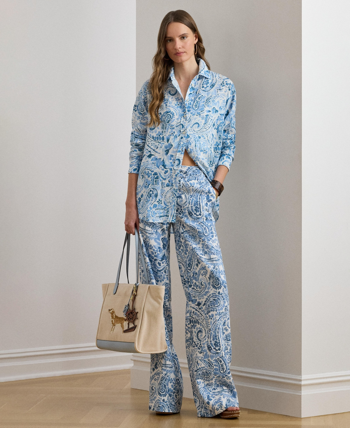 Lauren Ralph Lauren Women's Mid-Rise Wide-Leg Pants - White/Blue | Macy's