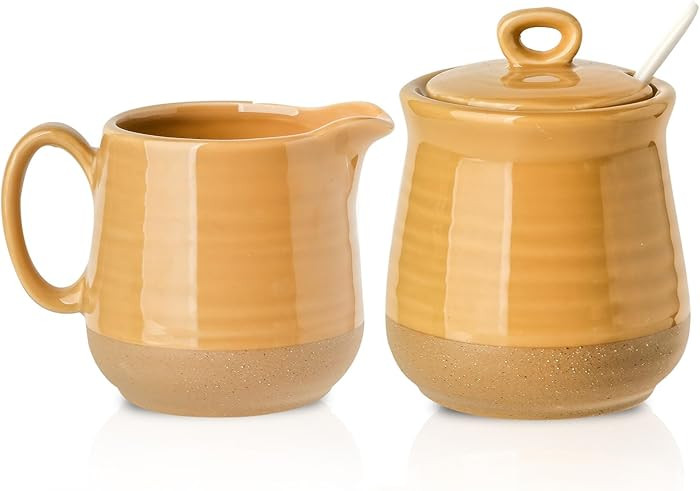 Hasense Sugar and Creamer Set, 11 Ounce Sugar Bowl with Lid and Spoon, 10 Ounce Creamer Container... | Amazon (US)