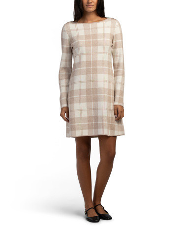 Long Sleeve Plaid Double Knit Mini Dress With Hair Bow | TJ Maxx