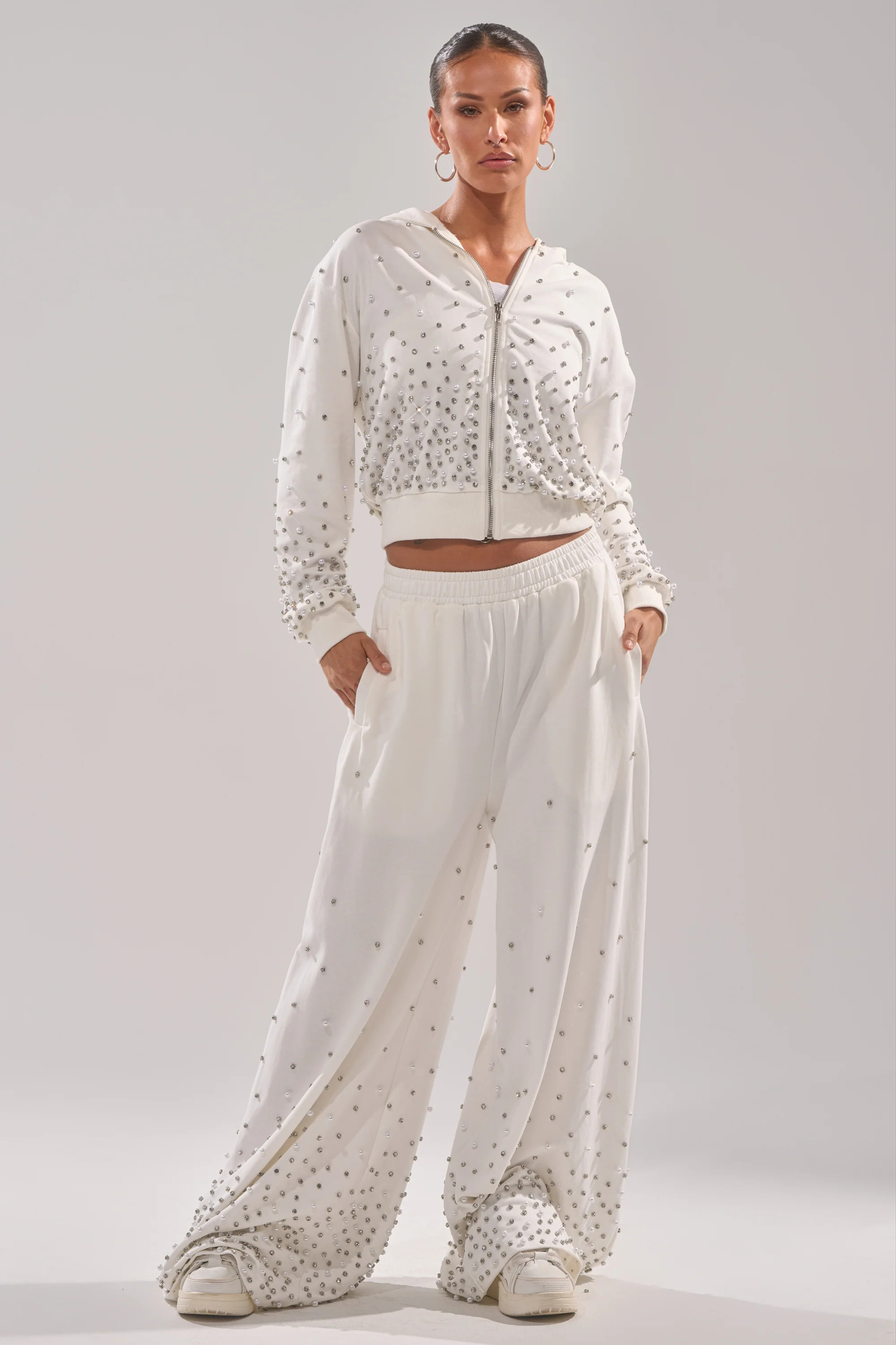 ALL IN WHITE RHINESTONE WIDE LEG JOGGER | AKIRA
