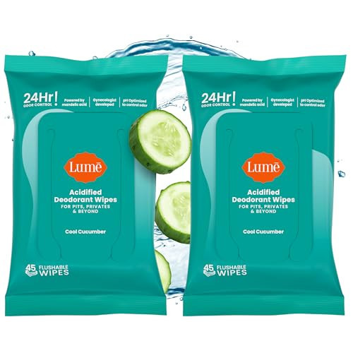 Lume Acidified Deodorant Wipes - 24 Hour Odor Control - Aluminum Free, Baking Soda Free, Skin Loving - 45 Count (Pack of 2) (Cool Cucumber) | Amazon (US)