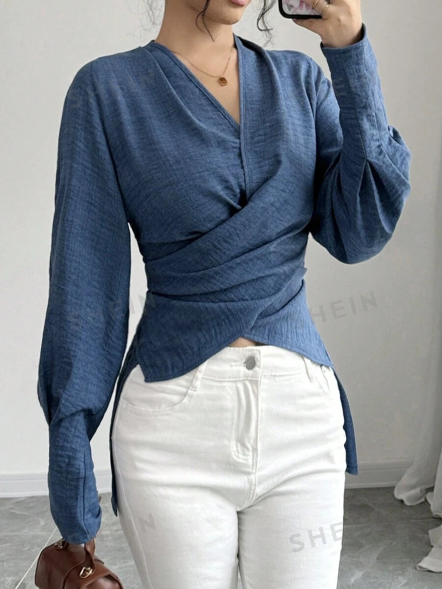 SHEIN Privé V-Neck Wrap Hem Crossover Front-Short Back-Long Blue Casual Long Sleeve Blouse For W... | SHEIN