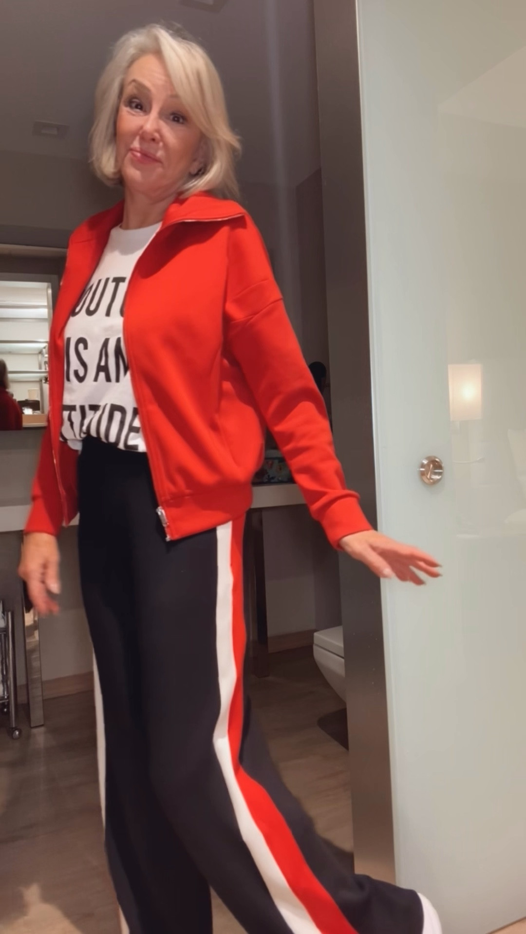 Colorblock Wide Leg Track Pant
and zip front track jacket.
White Hoka sneakers 
Graphic tee $10 so cute! 
Spanx Air Essentials 

#LTKActive #LTKOver40 #LTKTravel