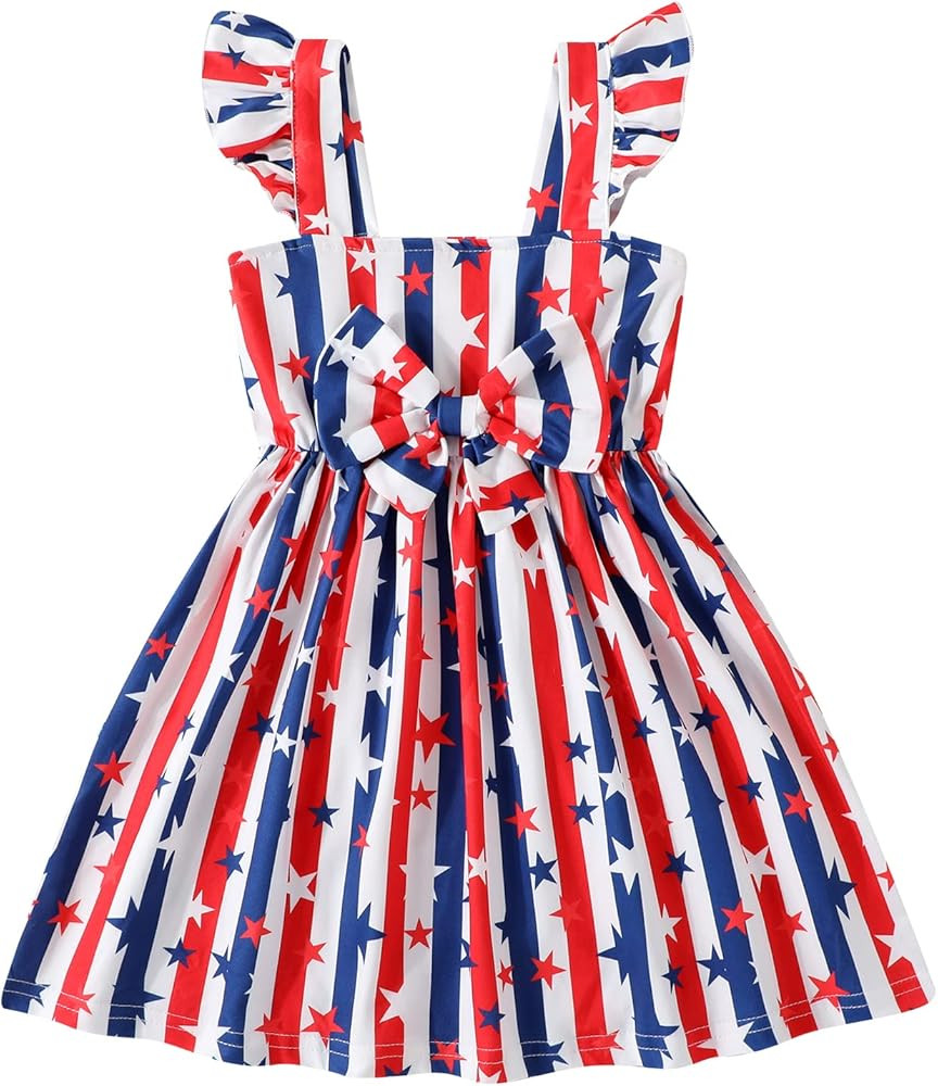 Girls 4th of July Dress Toddler American Flag Flutter Sleeve Bowknot Sundress Baby Stars Stripes ... | Amazon (US)