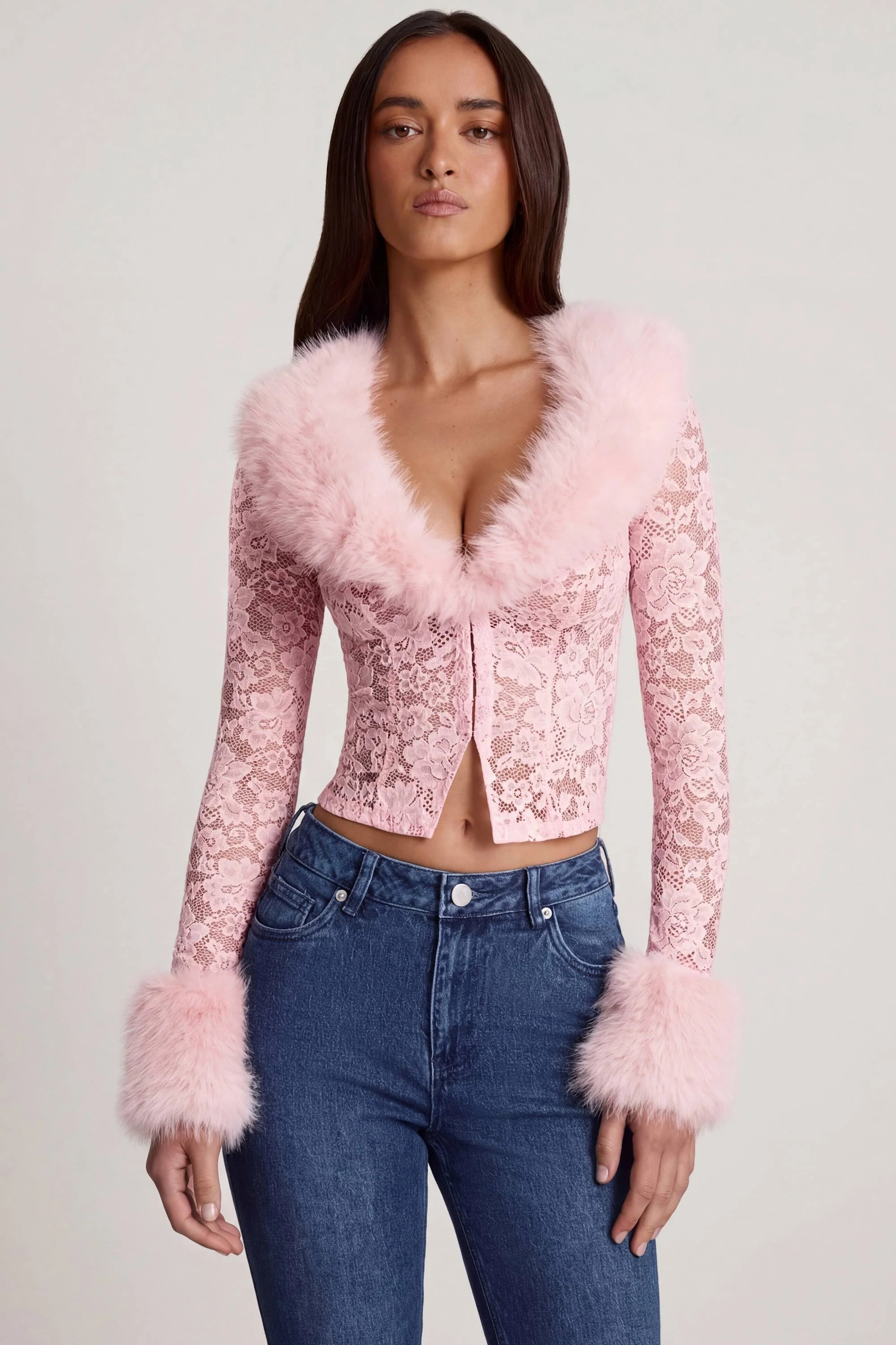 Sheer Lace Faux-Fur-Trim Cardigan in Pink | Oh Polly