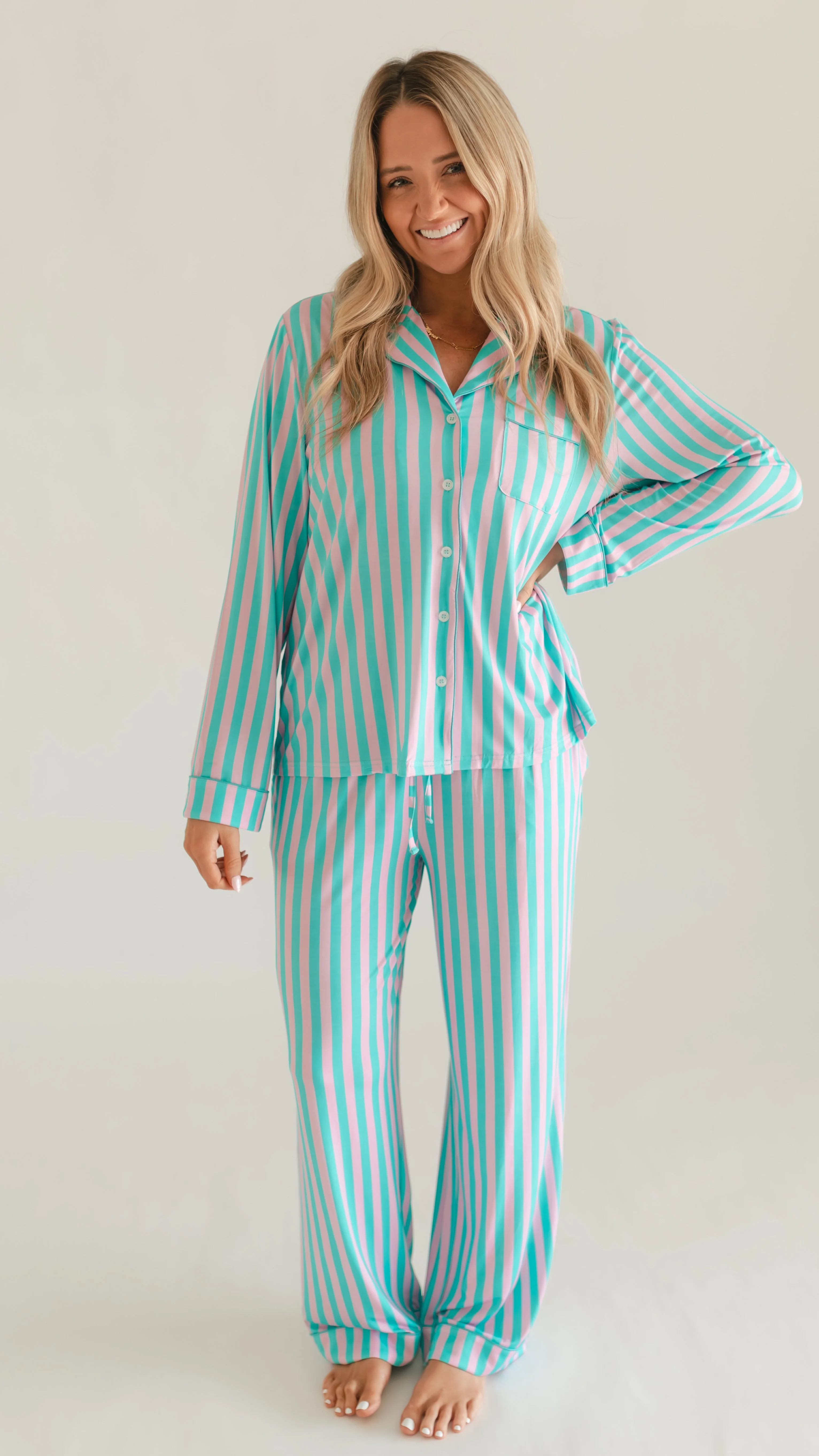 Women's Button Up Set In Cotton Candy Stripes | Silks Design